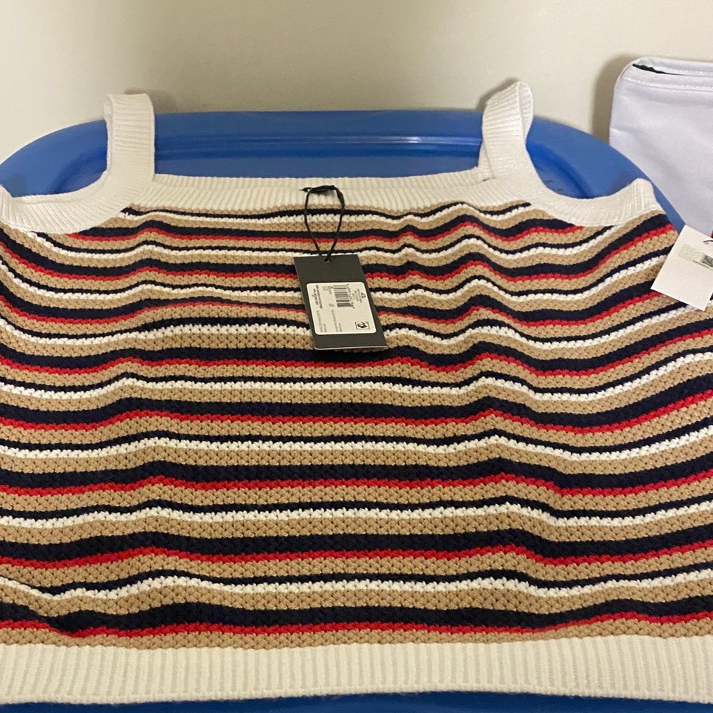 Mexx Striped Knit Crop Tank in Cream, Navy & Red